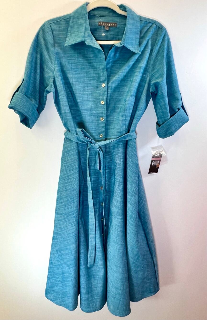 Sharagano Women's Blue Chambray Button Front Belted A-Line Midi Shirt Dress NWT